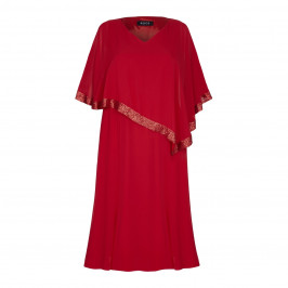 BEIGE RED LAYERED CHIFFON DRESS WITH PONCHO EFFECT  - Plus Size Collection