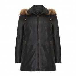 BLACK LEATHER FUR TRIMMED PARKA COAT BY BEIGE - Plus Size Collection