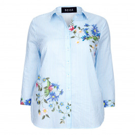 BEIGE LABEL BLUE FLORAL MOTIF COTTON SHIRT WITH STRIPES - Plus Size Collection