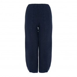 BEIGE LABEL CROPPED BUBBLE HEM PULL ON LINEN TROUSER IN NAVY - Plus Size Collection