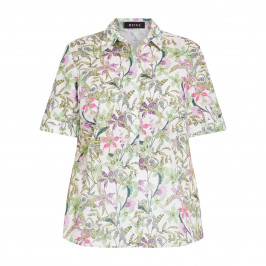 Beige 100% Cotton Short Sleeve Green and White Floral Shirt - Plus Size Collection