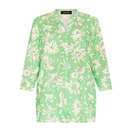 Beige Cotton Linen Floral Print Shirt Lime Green  - Plus Size Collection