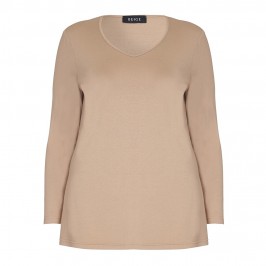 BEIGE JERSEY V-NECK TOP IN CARAMEL - Plus Size Collection