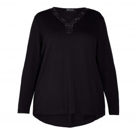 BEIGE JERSEY TOP EMBELLISHED COLLAR BLACK  - Plus Size Collection