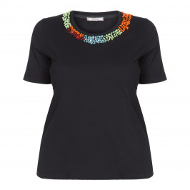 ELENA MIRO BLACK T-SHIRT BEAD EMBELLISHED NECK - Plus Size Collection