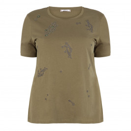 ELENA MIRO KHAKI BEADED EMBROIDERED T-SHIRT - Plus Size Collection