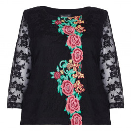 GEORGEDE BLACK LACE TOP WITH FLORAL EMBROIDERED APPLIQUES - Plus Size Collection