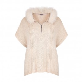 OPEN END oatmeal fur trim hooded knit PONCHO - Plus Size Collection