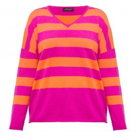 Sandra Portelli V-neck Cashmere Knitted Tunic Fuchsia And Orange Stripe - Plus Size Collection