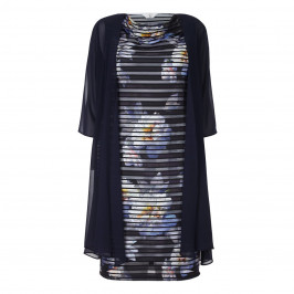 TIA NAVY STRIPE FLORAL PRINT DRESS + MESH COAT  - Plus Size Collection