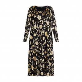 Yoek Black Midi Dress Gold Flowers  - Plus Size Collection