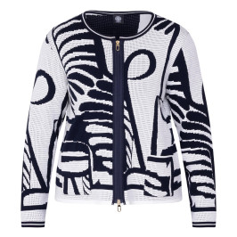 Faber Abstract Intarsia Zip Cardigan Navy and White  - Plus Size Collection