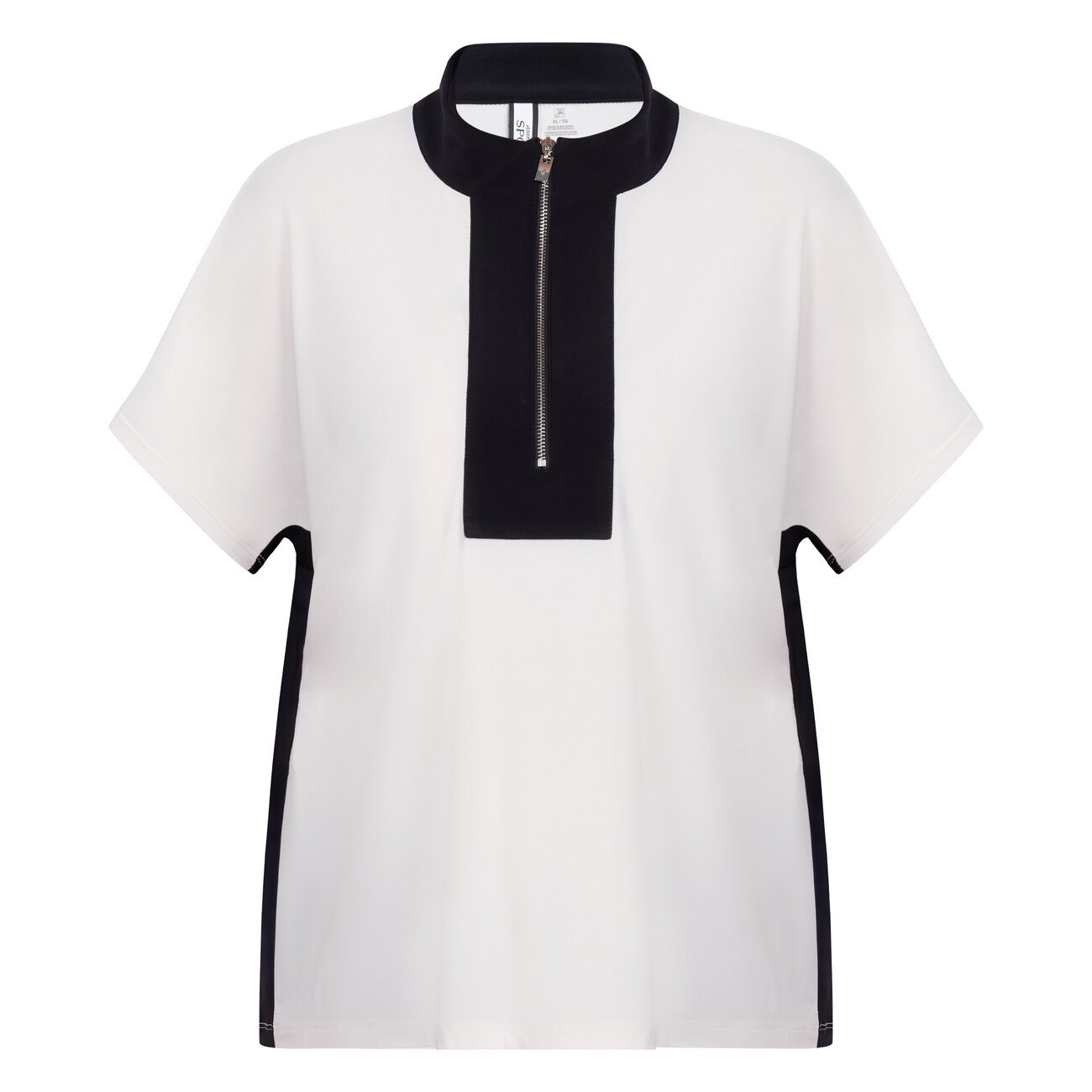 Joseph Ribkoff Satin Jersey Half-Zip Top Beige and Black