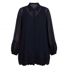 Marina Rinaldi Georgette Lace Trim Shirt Navy  - Plus Size Collection