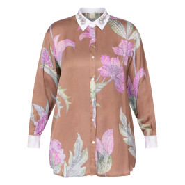 RYY Floral Shirt Jewel Collar Mocha - Plus Size Collection