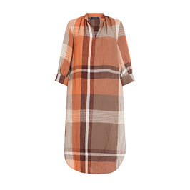 BEIGE FLAX LINEN DRESS MADRAS CHECK ORANGE  - Plus Size Collection