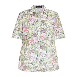 Beige 100% Cotton Short Sleeve Green and White Floral Shirt - Plus Size Collection