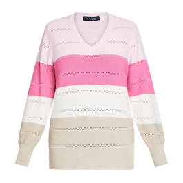 Beige Striped V-neck Sweater Pink  - Plus Size Collection