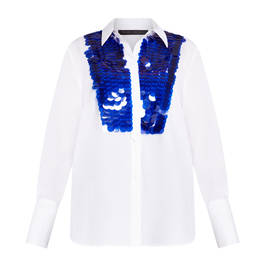 Marina Rinaldi White Cotton Shirt With Blue Sequin Bib - Plus Size Collection