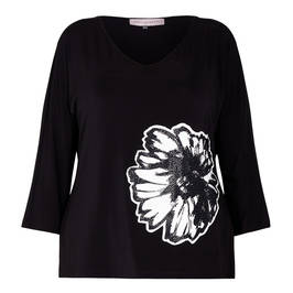 PIERO MORETTI STRETCH JERSEY TOP WITH FLOWER APPLIQUE BLACK - Plus Size Collection