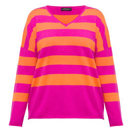 Sandra Portelli V-neck Cashmere Knitted Tunic Fuchsia And Orange Stripe - Plus Size Collection