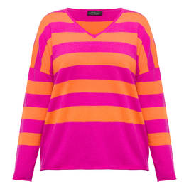 Sandra Portelli V-neck Cashmere Knitted Tunic Fuchsia And Orange Stripe - Plus Size Collection