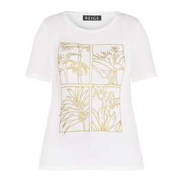 BEIGE WHITE T-SHIRT WITH GOLD TROPICAL PRINT FRONT   - Plus Size Collection