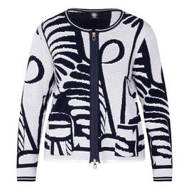 Faber Abstract Intarsia Zip Cardigan Navy and White  - Plus Size Collection