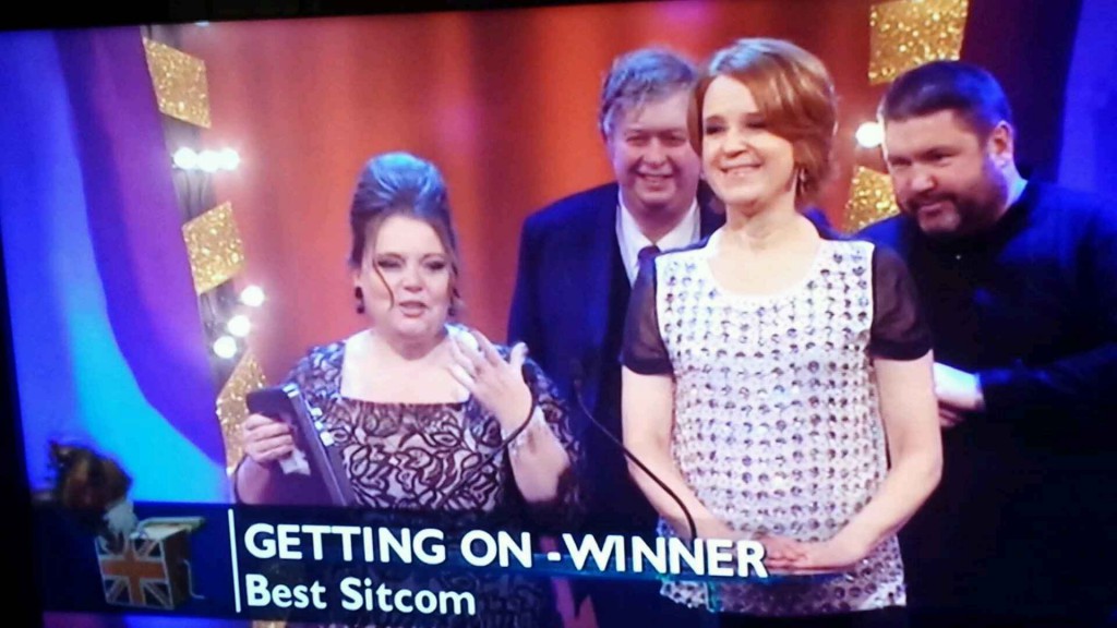 Joanna Scanlan, dressed by BeigePlus at the British Comedy Awards (with Vicky Pepperdine and Ricky Grover)