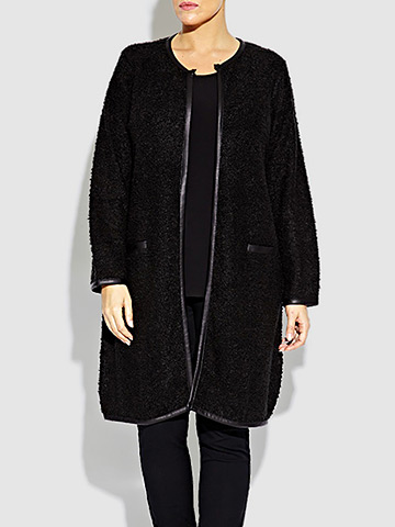 Beige - Black long boucle cardigan with faux leather trim