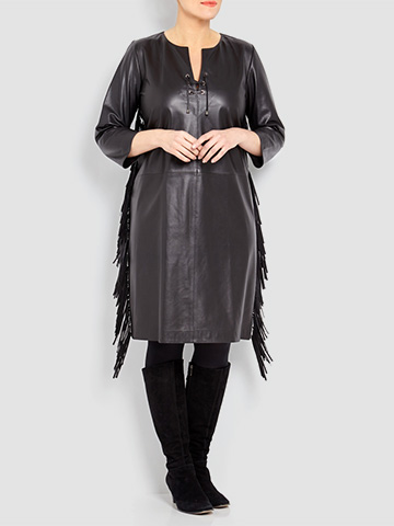 Yoek Black Leather Dress With Side Fringe