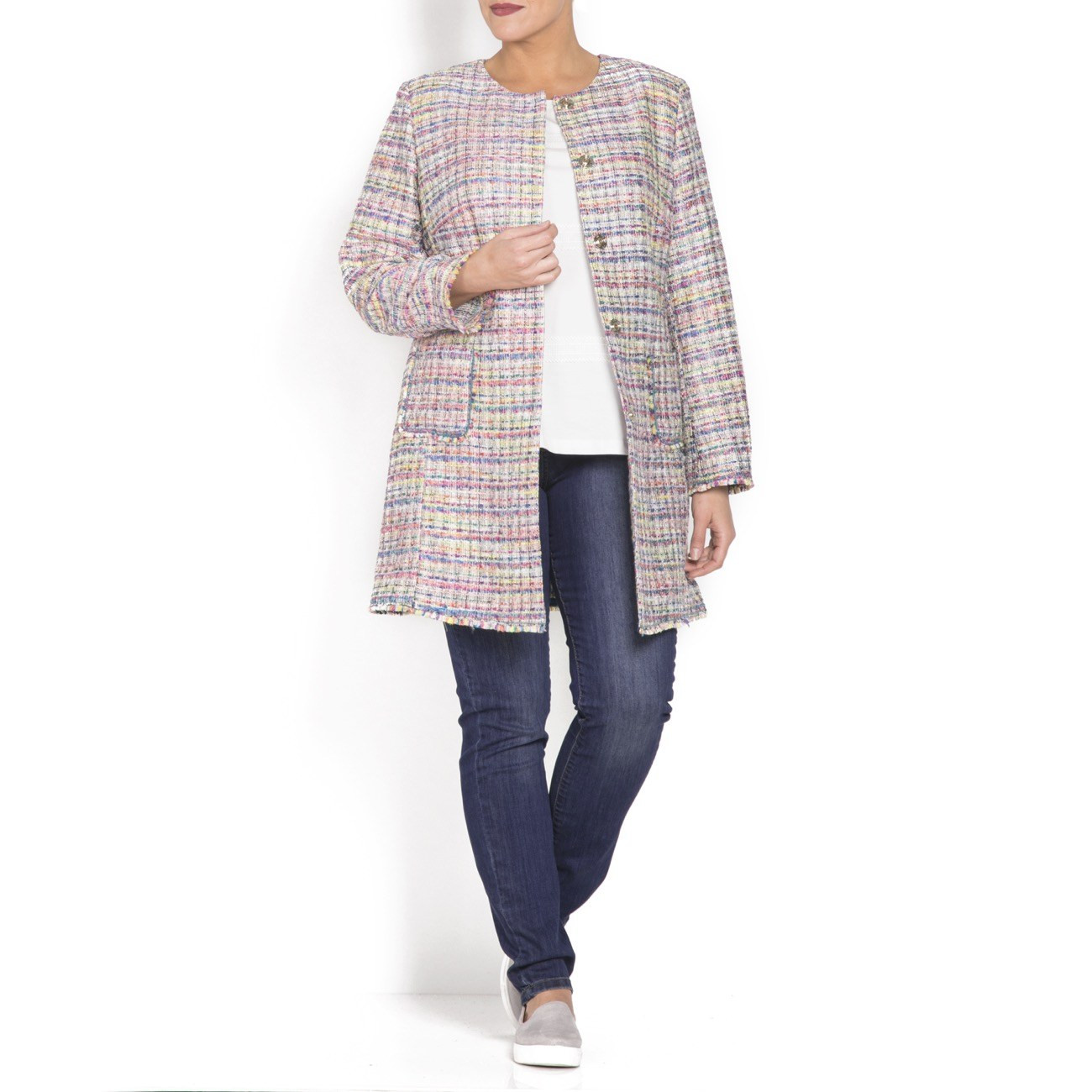 Multi Coloured Tweed Jacket With Fringe Detail